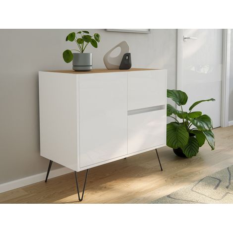 Sideboard Yako 80cm 2 SoftClose 1 Tür Weiß/Eiche Top