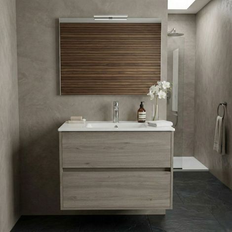 Mobile bagno sospeso 60x45 cm colore rovere scuro con 2 cassetti e lavabo incluso – Soria