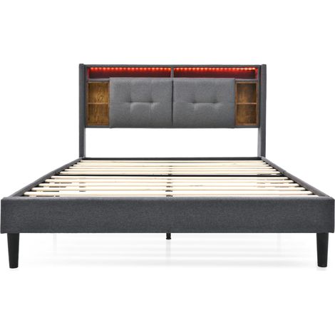 Cama baúl doble 140 x 200 cm gris con cabecero de almacenaje, LED, USB y enchufes HOMVRA (1/5)