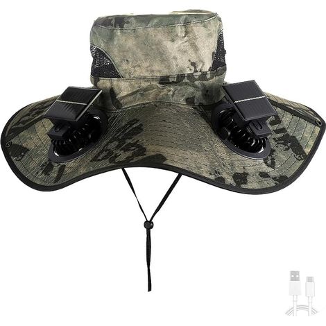 Ventilateur de chapeau solaire portable d'été en plein air avec 2 ventilateurs solaires, nouveau ventilateur de chapeau pêcheur, alimenté par des batteries solaires/USB. Vert (1/5)