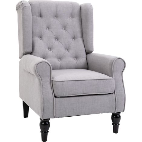 Fauteuil style français, large assise matelassée, accoudoirs et rembourrage, gris, pour salon et bureau, pieds bois (1/4)