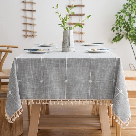 Nappe rectangulaire grise à motif treillis rustique (140 x 178 cm) en coton et lin (1/5)