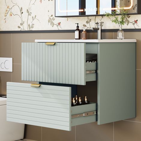 Mobile bagno sospeso con lavabo in ceramica, 2 cassetti, verde menta DESVIAE (1/5)