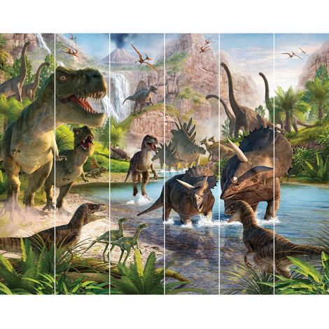 Papier peint mural Pays des dinosaures – Dimensions 305x244 cm – Lavable et facile à poser – Décor immersif pour chambre d'enfant – Walltastic (1/5)