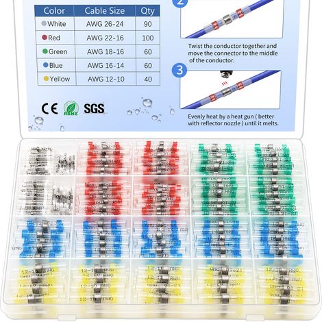 Kit de 350 connecteurs de fils thermorétractables à soudure intégrée, étanches (norme marine), pour épissures électriques (bateau, automobile, camping-car) (1/5)