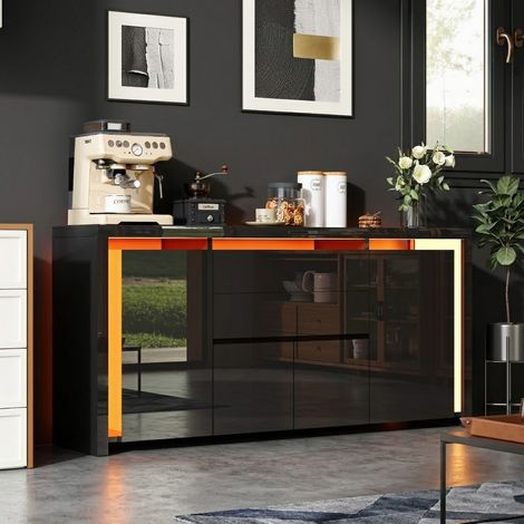 Buffet  Brillant avec Éclairage LED, Sideboard Buffet avec 4 Portes et 2 Tiroirs, Commode Chambre, Meuble de Rangement, 160x35x75 cm, Noir (1/5)