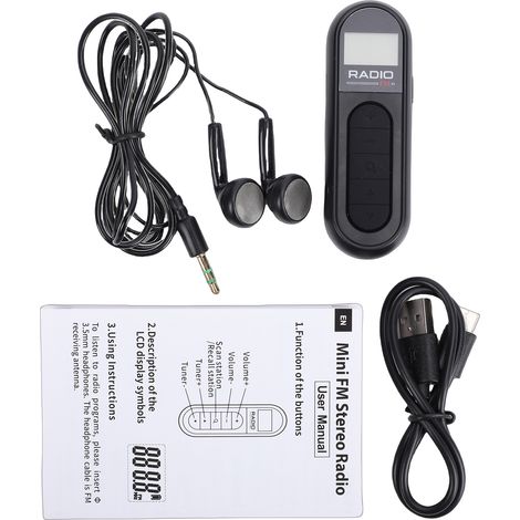 Radio FM portable rechargeable de poche avec écran LCD, écouteurs et clip ceinture, idéale pour le jogging et la marche (noir). (1/5)
