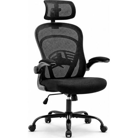 Confort ergonomique idéal – Chaise de bureau en maille haute, assise large, soutien lombaire réglable, accoudoirs relevables, appui-tête inclinable, roulettes pivotantes (1/5)
