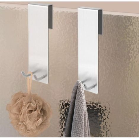 Juego de 2 ganchos para ducha, gancho de pared para mampara de ducha, gancho para toallas sin taladrar, ganchos para puerta de baño, apto para vidrio de 6 a 15 mm de grosor, acero inoxidable cepillado (1/3)