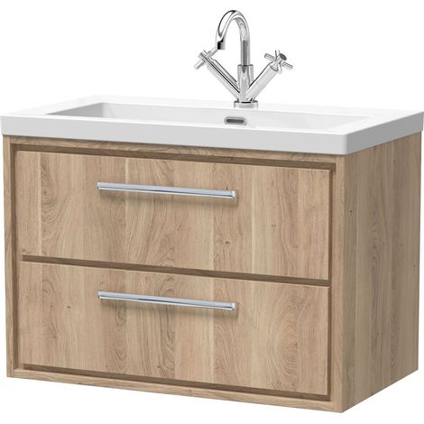 Longnor 2 Drawer Wall Hung Vanity Unit with 1 Tap Hole Modern Fireclay Basin, Light Oak, 800mm