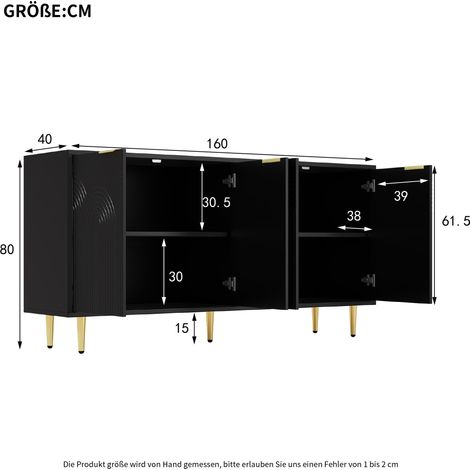 Buffet: salon, poignées brossées dorées et pieds de table très brillants, armoire de commode noire, mesure 160 x 80 x 40 cm opaque