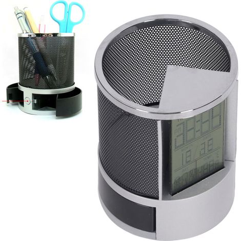 Digitale Steckdosenleiste in Stiftform mit elektronischer Uhr, ewigem Kalender, Wecker und Timer, 8,5 x 8,5 cm, Schwarz
