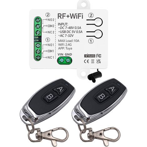 DieseRC Tuya 2-Kanal-WLAN-Smart-Schalter, DC 5V/12V/24V/36V passives Ausgangsrelaismodul, mit 2 Funkfernbedienungen, kompatibel mit Alexa/Google Home