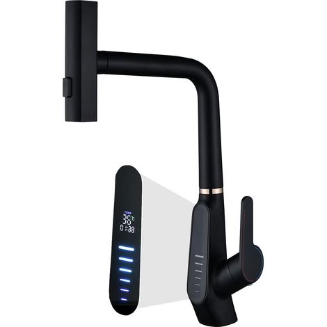 Robinet de Cuisine Extractible, Affichage Numérique LED, Cascade, 3 Modes de Débit d'eau, Pivotant à 360° Mitigeur Cuisine Robinet, Mitigeur Cuisine à Poignée Unique, 59A Cuivre (Noir) (1/5)