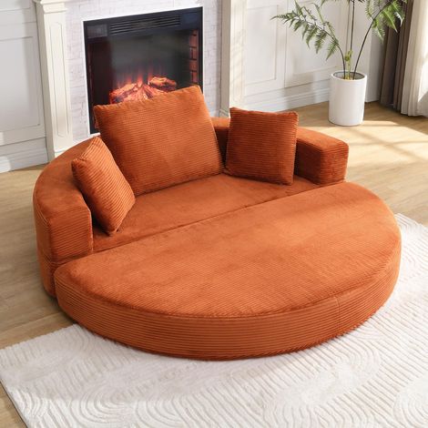 Canapé 2 Places velours côtelé Orange – Canapé-lit modulable Format ovale, livré avec coussins, pour appartement – salon ou chambre