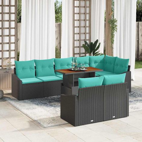 Salon de Jardin Modulable 9 Pièces 8 Places en Résine Tressée Noir et Turquoise - PANGIVO (1/5)