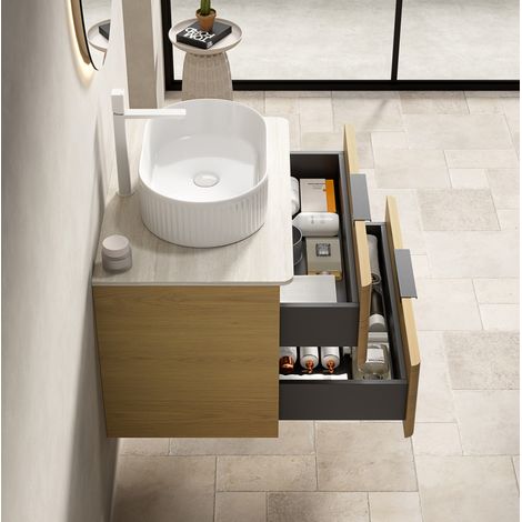 Mueble de baño suspendido 75 cm, lavabo ovalado de cerámica, encimera de travertino sinterizado, 2 cajones, beige, roble y blanco (1/5)