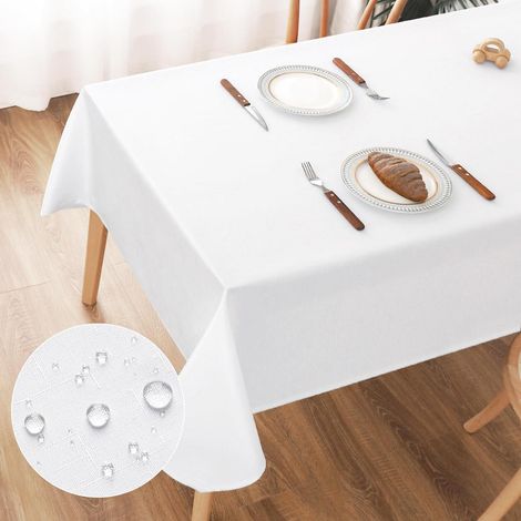 Nappe lavable 135x180cm aspect lin, imperméable, résistant aux rayures, blanc