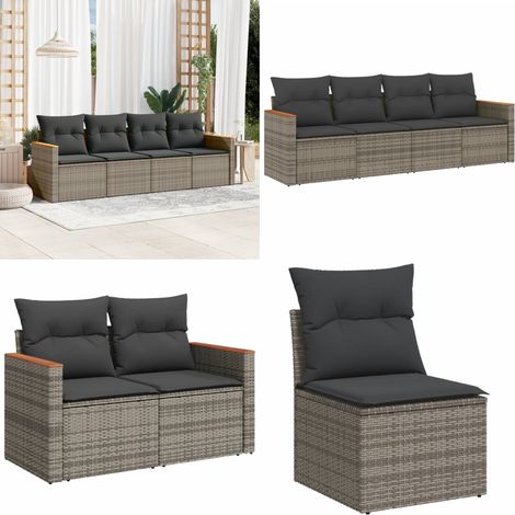 Salon de jardin 4 pcs avec coussins gris résine tressée - Salon De Jardin - Mobilier De Jardin - Salon Extérieur - Ensemble De Canapés - Résine Tressée - Home & Living (1/5)