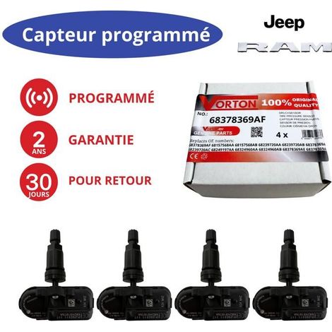 Pacchetto di 4 sensori TPMS programmati 433MHz neri per RAM 1500/2500/3500 (2014-2024) e Jeep Cherokee (2014-2023)