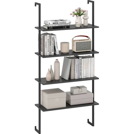 COSTWAY Floating Storage Shelves 4-Tier Wall-Mounted Ladder Bookcase Black (1/5)