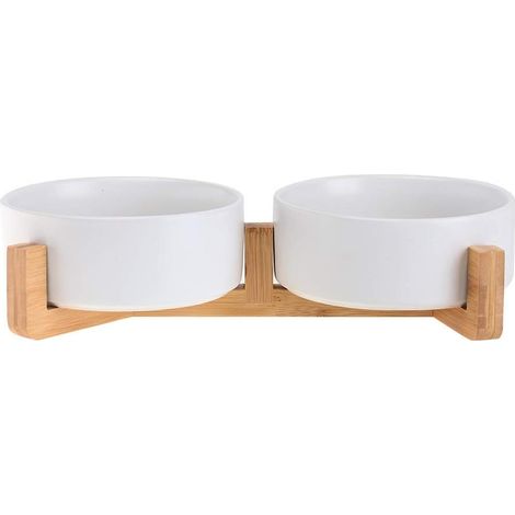 Gamelles en céramique blanche pour chats et chiens avec support en bois, anti-déversement, pour nourriture et eau, chats et petits chiens, lot de 2 (1/5)