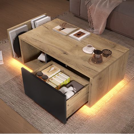 Tavolino basso con contenitore e LED, 99,5 x 53 x 38 cm, legno e metallo naturale DESVIAE (1/5)