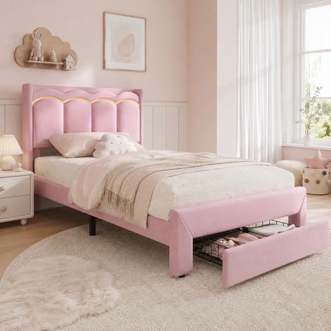 Lit enfant 90 x 200 cm, cadre de lit avec rangement, 1 tiroir, étagères ouvertes, éclairage LED, tête de lit rembourrée, velours, rose (1/5)