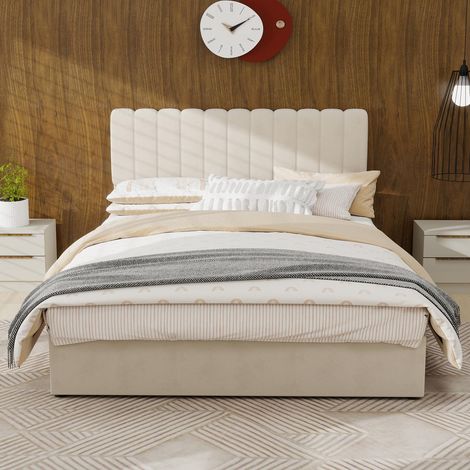 Lit rembourré moderne et minimaliste, 140x200 cm, beige, meuble de chambre multifonctionnel avec tête de lit douce et confortable, sommier coffre haut avec mécanisme de levage à gaz