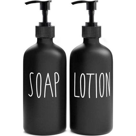 pair Distributeur de savon 2 pièces - Distributeur de savon - Pompe à savon - Verre - Noir - Ensemble de distributeurs de savon fixes pour salle de bain et douche (1/4)