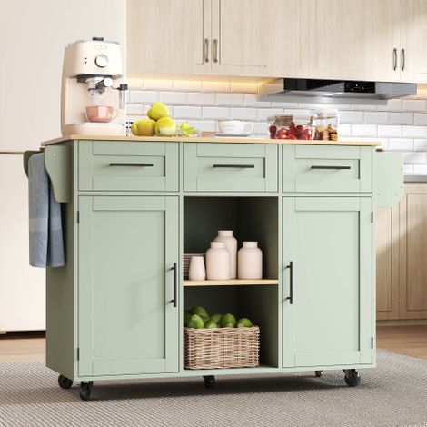 Îlot central cuisine extensible 139 cm avec table rabattable, desserte cuisine mobile sur roulettes avec rangement, meuble cuisine avec tiroirs et étagères réglables, plateau effet bois, finition vert (1/5)