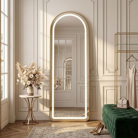 Miroir LED 150x40cm Miroir Plein Pied Lumineux Arche Tactile Elégant en Aluminium Doré pour Chambre et Salle de Bain