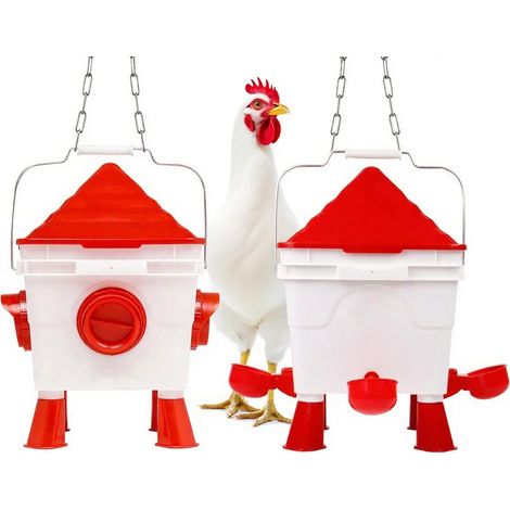 Mangeoire Poules et Abreuvoir Poules Set, 7L Abreuvoir Poules Automatique et 8KG Mangeoire Poule Automatique, pour Volailles avec 4 Ports 4 Coupelles, avec Pieds et Chaînes en Acier (1/5)