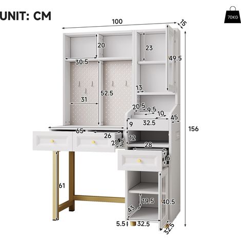 Coiffeuse lumineuse LED, panneau ajouré avec 5 crochets, 2 prises, 1 port USB et USB-C, meuble avec vitrine, 3 tiroirs, étagères et rangement. Dimensions : 100 x 156 x 45 cm. (1/5)
