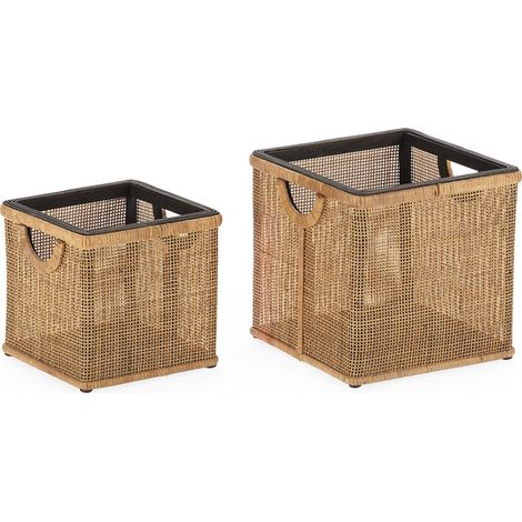 Panier déco en bois d'épicéa et rotin noir naturel - Naturel bois clair et noir