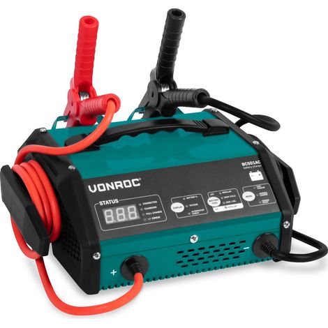 Vonroc – Chargeur de batterie 6V/12V 15A – Démarrage rapide – Compatible batteries plomb 8-210Ah – Protection fusibles intégrée