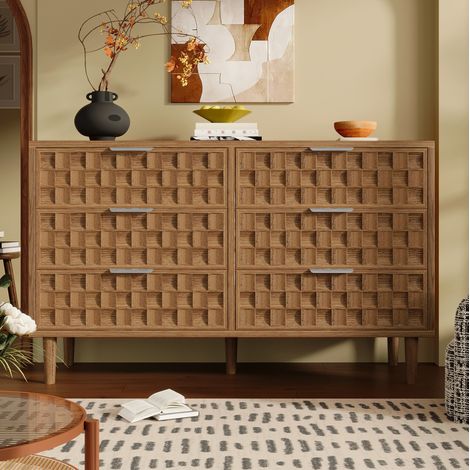 Aparador 120x37x77 cm en MDF efecto roble con 6 cajones y tiradores metálicos (1/5)