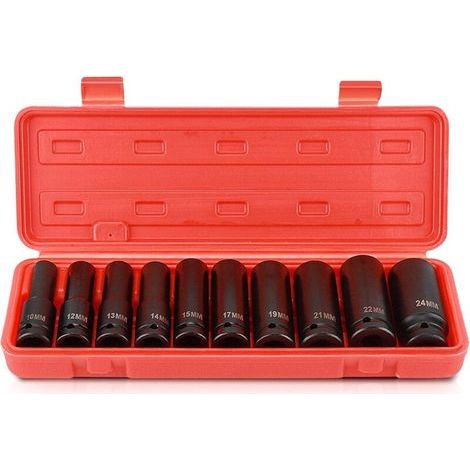 Rosvola 1/2" Jeu de Douilles Profondes Impact 10pcs, 10mm-24mm Métrique Clé Jeu de Douilles à Chocs Profondes, Outil de Réparation de Moteurs Tracteurs Camions (1/5)