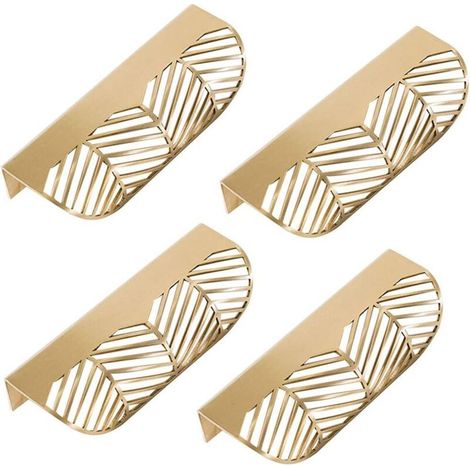 Möbelgriffe aus goldfarbenem Messing – 4er-Set – Blattdesign für Schubladen – Maße: 11,7 x 2,3 x 4,3 cm – Einfache Montage