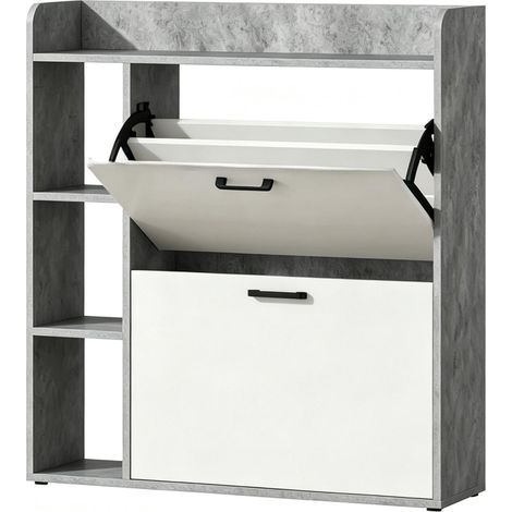 Schuhschrank mit 2 Klappen und 3 offenen Fächern, Grau-Weiß, 83 x 24 x 90,5 cm (1/5)