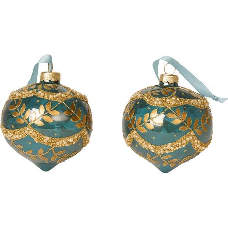 Pallina in vetro blu con decorazioni oro per albero di Natale da Ø 10 cm, confezione da 2 pezzi (1/4)