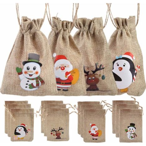 12 sachets en jute à cordon pour cadeaux de Noël - Petits sachets à bonbons à motifs de Noël (1/5)