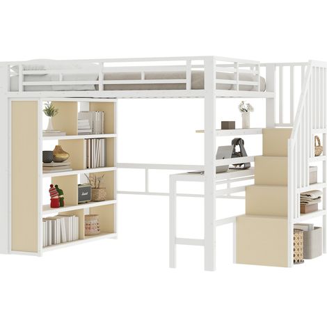 Cama Alta 140 x 200 Cm Con Escritorio, Escalera De Almacenamiento Y LED, Sin Colchón, De Metal, Blanco (1/5)