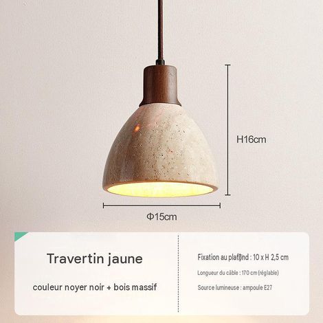 Suspension L noyer, pierre travertin, douille E27 220V, LED froid
