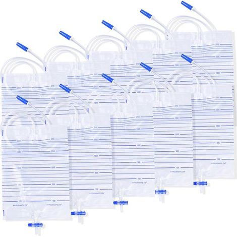 Lot de 10 poches à urine de 2000 ml, poches pour cathéter, poches pour jambe, poches pour incontinence urinaire, poches à urine avec valve et drain en T (1/2)