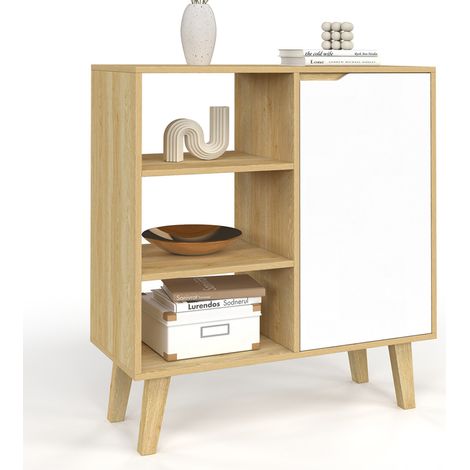 Beistellbuffet mit 3 Regalen und Schrank 70 cm FINN weiß und Holz in Buchenoptik