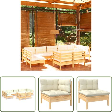 Terrassensofa - 9-tlg. Garten-Lounge-Set mit Creme Kissen Massivholz Kiefer (1/5)