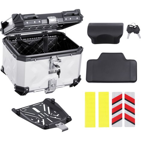 VEVOR Motorrad-Topcase Motorradkoffer 45 L Heckbox aus Aluminiumlegierung mit Lederfutter, abnehmbare Motorrad-Topbox mit Schloss & Rückenpolster, Helmkoffer (435 x 378 x 348 mm) Silber (1/5)