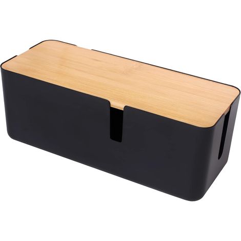 Boîte de Gestion de câbles avec Couvercle en Bambou - Petite boîte de Rangement de câbles pour Cordon d'extension, Protection Contre Les surtensions - Gestion de Fils - Cachette (Noir) (1/5)