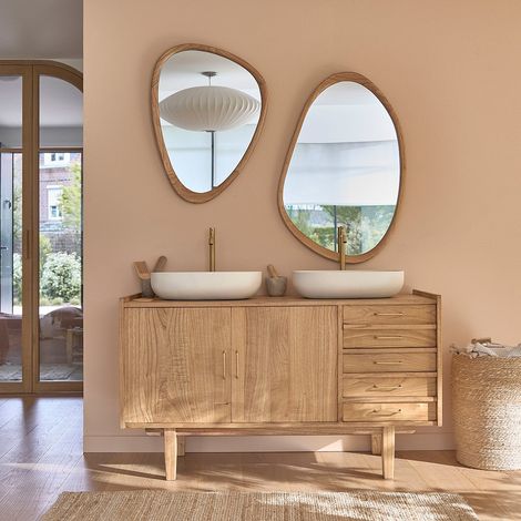 Berah Getah – Meuble sous vasque simple en mindi massif 135 cm – 2 portes et 4 tiroirs – Hauteur 78 cm – Profondeur 50 cm (1/5)